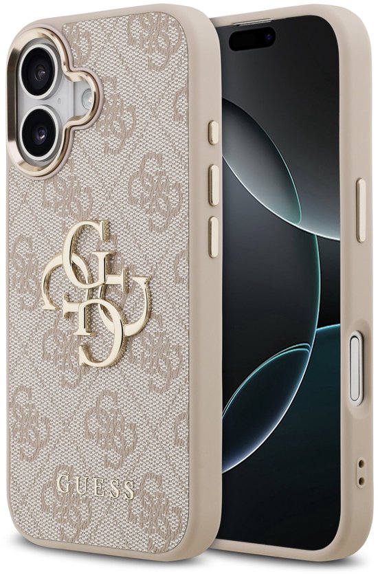 Coque de téléphone beige avec motif logo GUESS à côté d'un téléphone avec coque.