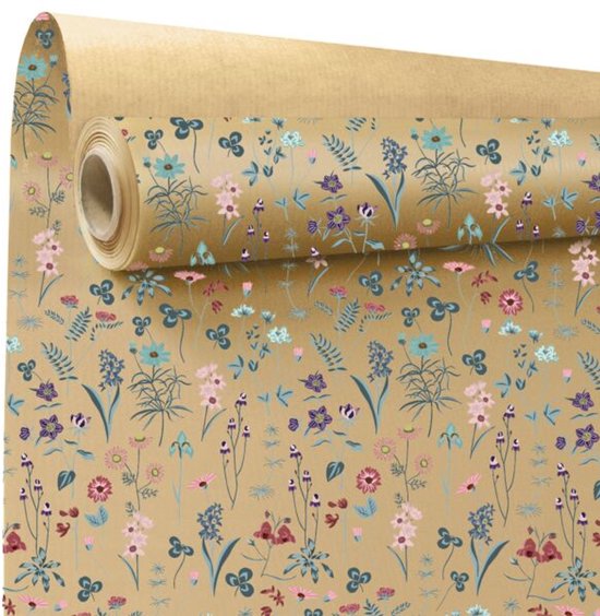 Herbier – Grand rouleau de papier cadeau – Motif fleurs sauvages – Papier kraft repassé 60 g – 69 x 50 m