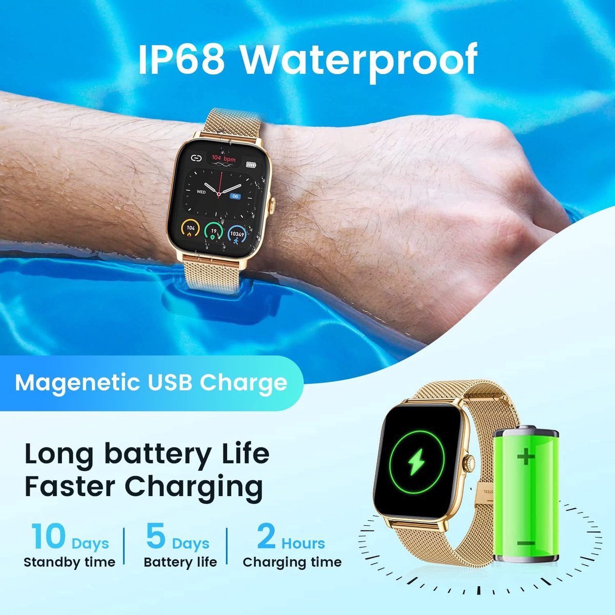 Afbeelding 3 van Smartwatches Fitnesshorloge Goud IP67 Waterdicht met