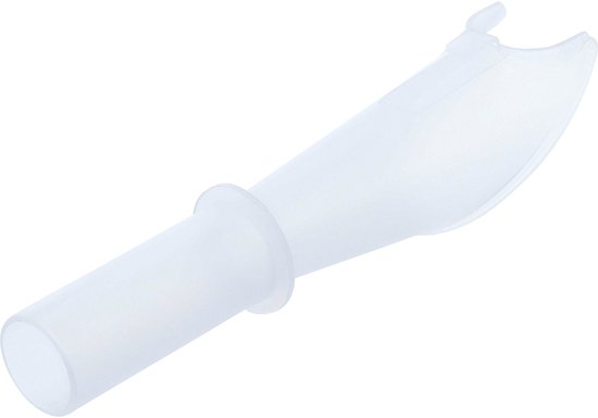 Bouchon de remplissage de carburant en plastique blanc avec un bec plat et incurvé.