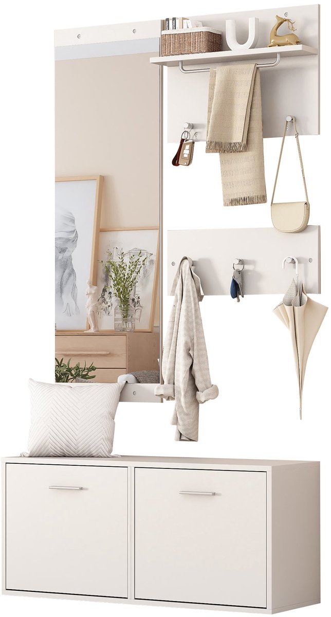 Merax Garderobeset 4-delig – Wandgarderobe met Spiegel - Schoenenkast en 6 Haken – Halmeubel Wit 90x30x41,5 cm