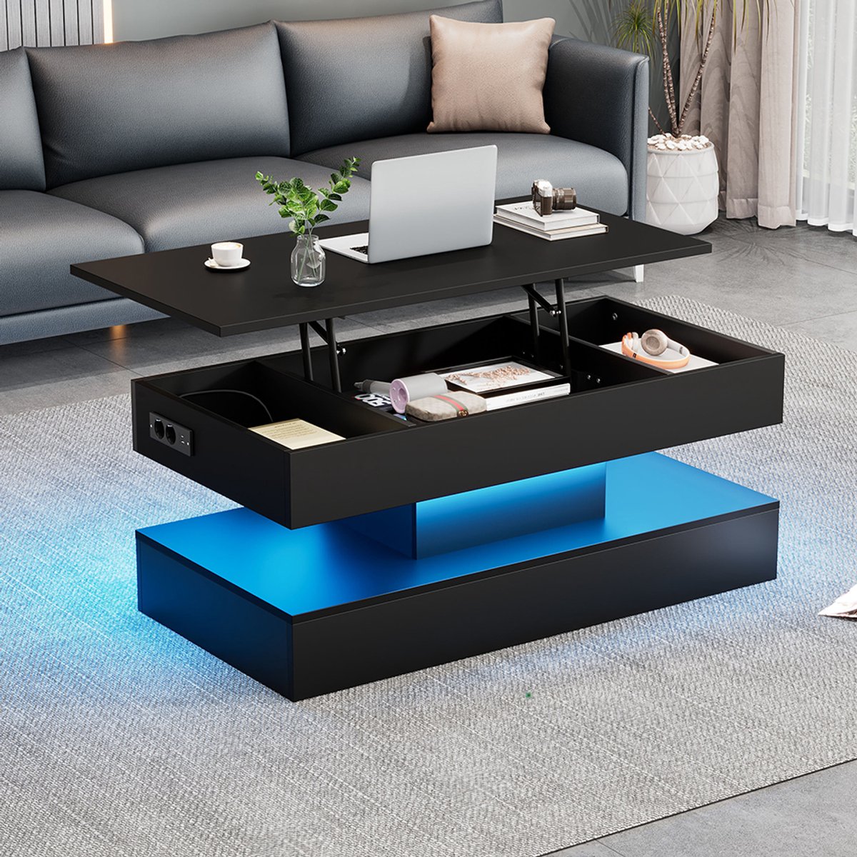 BLACKCOLORS Moderne salontafel met ledverlichting en verborgen opbergruimte - Bijzettafel met hydraulische hoogteverstelling, 100*50*42 cm, draagvermogen 50 kg