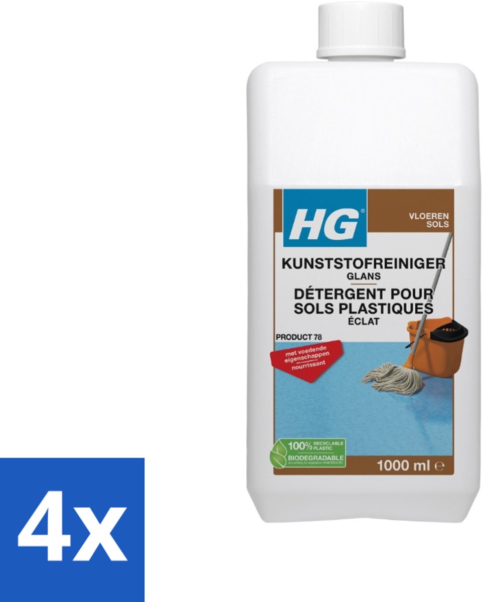 4 x HG Kunststofreiniger Glans 1 liter - Kunststofvloer Reiniger - Glansmiddel - Vinyl Vloer Schoonmaken - Linoleum Reiniger - Marmoleum Reiniger