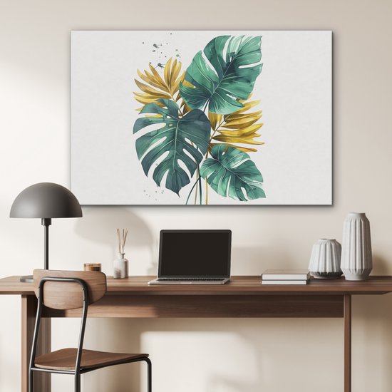Akoestisch wandpaneel 100x70 cm - Vilt schilderij Bladeren - Monstera - Groen - Goud - Modern - Akoestische panelen - Geluidsdempende wanddecoratie - Geluidsisolatie woonkamer - Muurdecoratie geluidspanelen