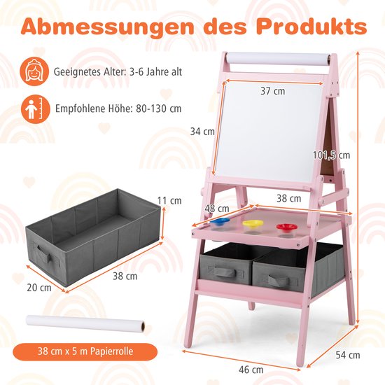 VEVOR Chevalet d'art de table en bois pour enfants3en1,tableau blanc/noir+rouleau papier,pliable,accessoires peinture inclus pour garçons et filles
