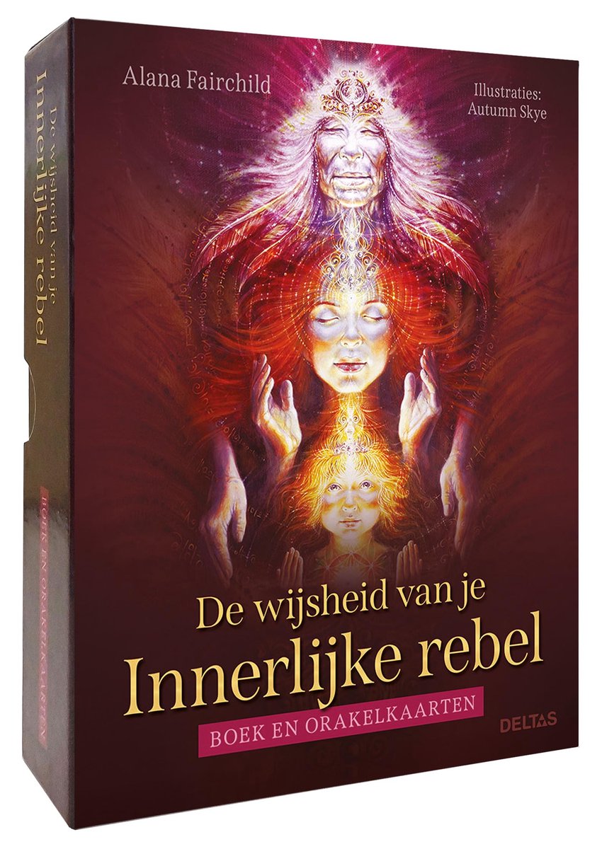 De voorkant van de 'Innerlijke Rebel' orakelkaarten. Een illustratie met een oudere vrouw en een jonger meisje, met gouden en rode tinten. Titel: 'De wijsheid van je Innerlijke Rebel'.