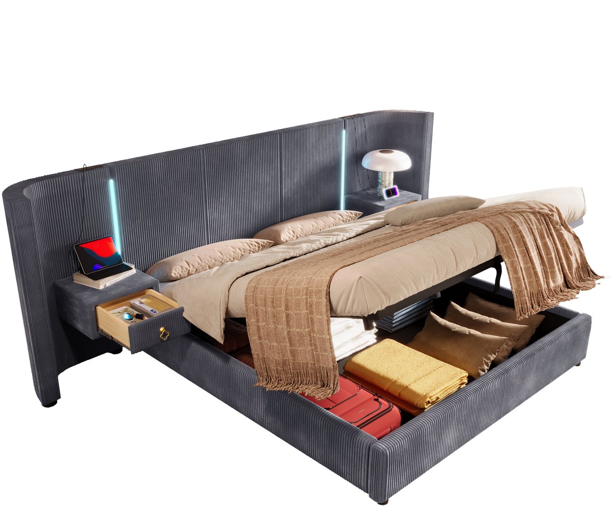 Merax Tweepersoonsbed 180×200 cm – Gestoffeerd Bed met Hydraulische Opbergruimte – LED Verlichting – USB en Type C Oplaadfunctie – 2 Lades – Grijs Fluweel – Zonder Matras