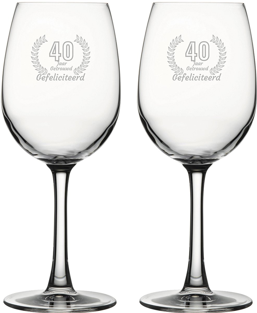 Gegraveerde set witte wijnglazen 36cl Gefeliciteerd 40 jaar getrouwd