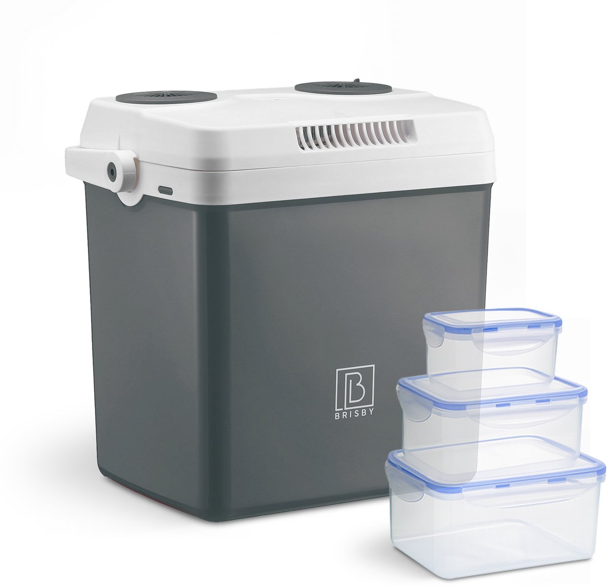 Brisby 25 Liter Elektrische Koelbox Frigobox Deluxe met 12V 220/230 Volt Aansluiting voor Auto en Camping – AC/DC - Coolbox - Divider en Deksel vergrendelstand - GRIJS