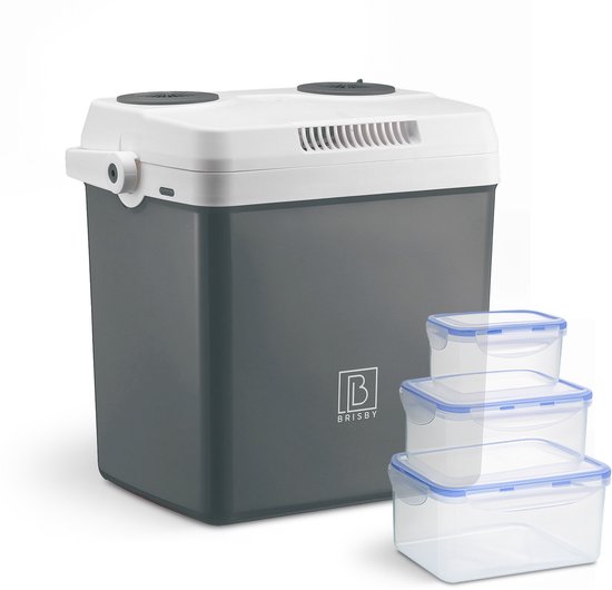 Brisby 25 Liter Elektrische Koelbox, Frigobox Deluxe met 12V, 220/230 Volt Aansluiting voor Auto en Camping – AC/DC - Coolbox - Divider en Deksel vergrendelstand - GRIJS