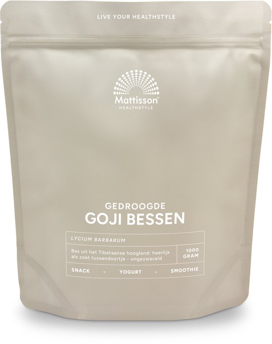 Lichtbeige zak met 'GEDROOGDE GOJI BESSEN', Mattisson logo en 'LIVE YOUR HEALTHSTYLE'.