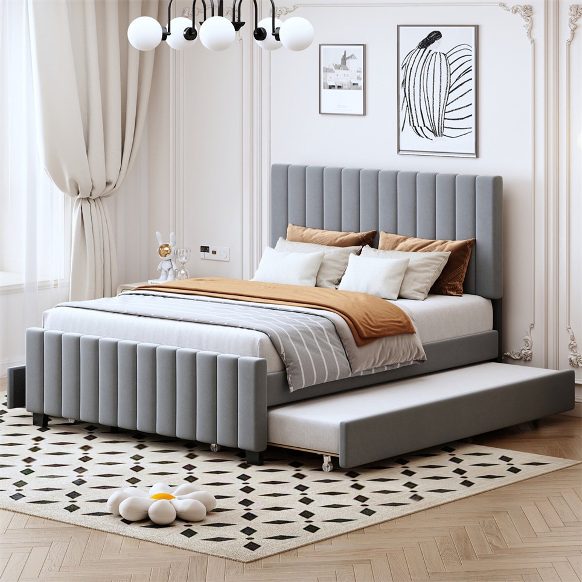 YEHTOKHOME Gestoffeerd bed 140 x 190 cm met uitschuifbed 90 x 190 cm, Twee lades, Fluweel bekleding, Familiebed, Tweepersoonsbed, Kinderbed, Grijs, Zonder Matras