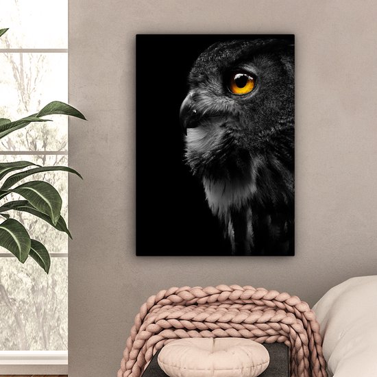 Peinture sur toile - Hibou - Vogel - Zwart - Peintures sur toile - Toile animaux - Toile canvas - 60x80 cm - Décoration murale - Salon