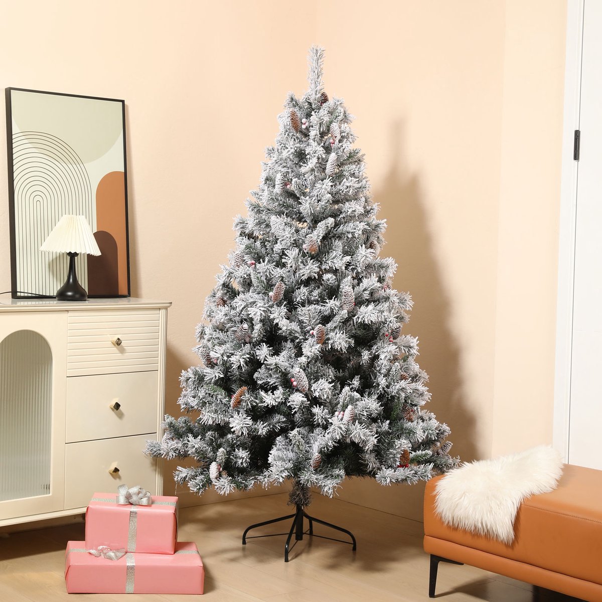 SVITA kunstkerstboom sneeuw 180cm - met dennenappels en bessen 661 takpunten inclusief metalen standaard kunstkerstboom (Luvi naalden | 180cm) – foto 7