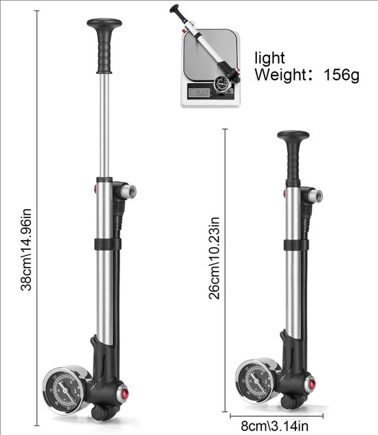Hogedruk Schokpomp 300 PSI - 2-in-1 Vork- en Fietsbandpomp met Manometer — afbeelding 4