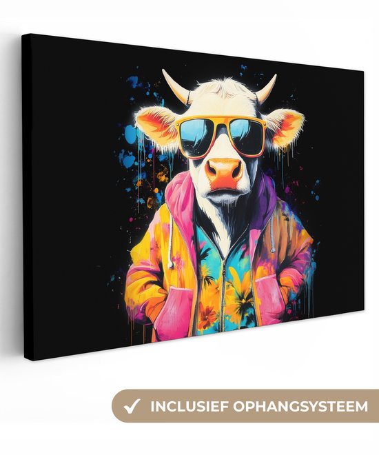 Canvas schilderij 120x80 cm - Wanddecoratie Graffiti - Zomer - Schotse Hooglander – Dier - Muurdecoratie woonkamer - Slaapkamer decoratie - Kamer accessoires - Schilderijen op canvas