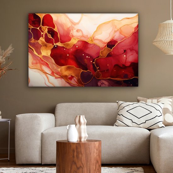 Tableau sur toile Marbre - Rouge - Or - Moderne - Abstrait - 120x80 cm - Décoration murale