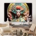 Une peinture d'une femme asiatique avec une grande coiffe florale dans des tons pastel et bleus.