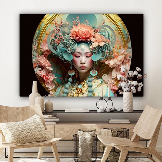 Une peinture d'une femme asiatique avec une grande coiffe florale dans des tons pastel et bleus.