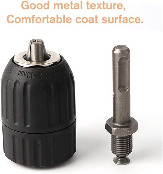 Zwarte boorkop met metalen punt en SDS-adapter met schroef. Tekst '2-13mm'.