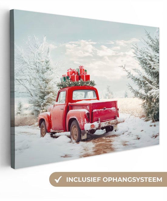 Canvas schilderij 80x60 cm - Wanddecoratie Auto - Rood - Cadeaus - Winter - Sneeuw - Kerst - Muurdecoratie woonkamer - Slaapkamer decoratie - Kamer accessoires - Schilderijen - Kerstdecoratie voor binnen - Kerstversiering - Kerstmis versiering