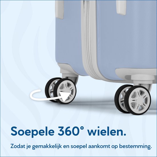 Close-up van de soepele 360 graden wielen van een lichtblauwe SUITSUIT koffer.