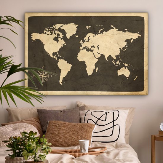 Peintures sur toile Wereldkaart - Rose des vents - Vintage - 150x100 cm - Décoration murale