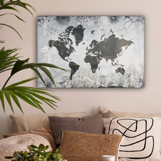 Wereldkaart avec motif béton gris foncé décorée d'illustrations de fleurs 90x60 cm