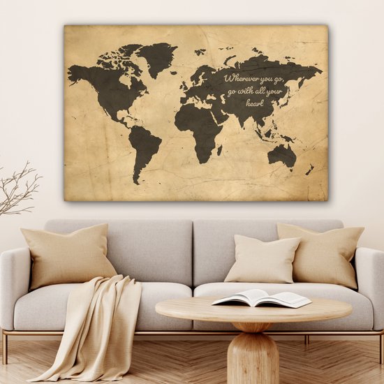 Peintures Toile Wereldkaart - Vintage - Citation - 150x100 cm - Décoration murale
