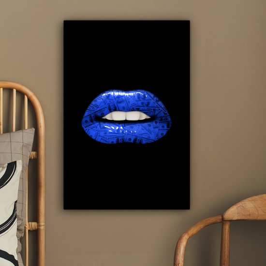 Canvas schilderij 40x60 cm - Wanddecoratie Lippen - Geld - Blauw - Muurdecoratie woonkamer - Slaapkamer decoratie - Kamer accessoires - Schilderijen op canvas