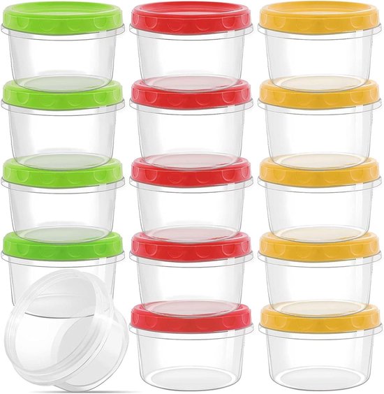 Allecto plus - Set van 15 Herbruikbare Plastic Vershoudbakjes 250 ml - Stapelbare Voedselcontainers in Rood/Groen/Geel