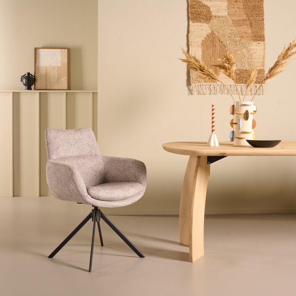 Draaibare Eetkamerstoel Oland - Textiel / Metaal - Lichtgrijs / Zwart - 62x88x64 cm (BxHxD) - 360° - ARS
