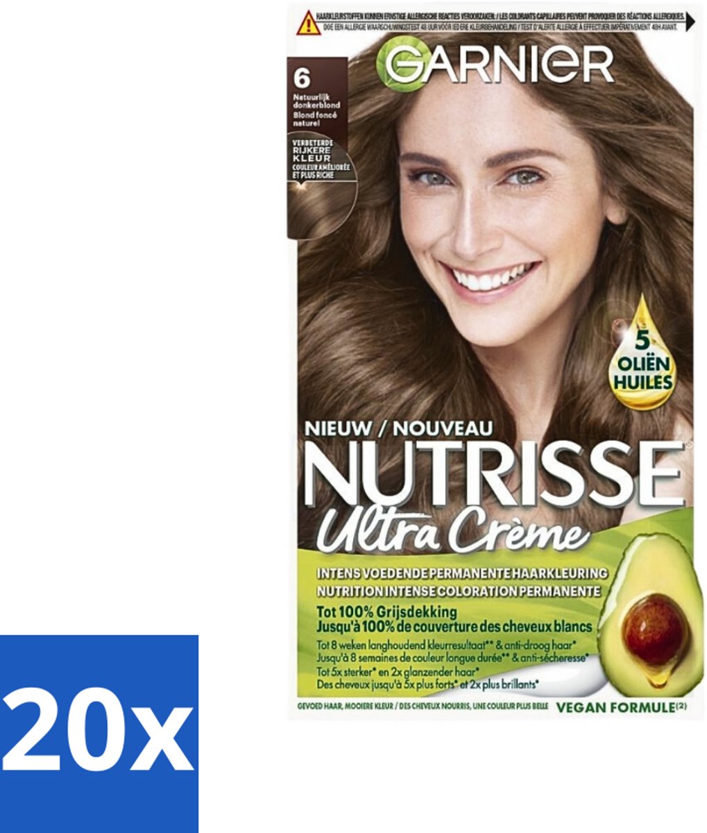 20 x Garnier - Nutrisse Ultra Crème 6 - Haarkleuring - Natuurlijk Donkerblond - Intens Voedend - Permanente Kleur - Haarkleur - Haarverf - Permanent Kleur - Grijsdekking - Voedend Haarverf