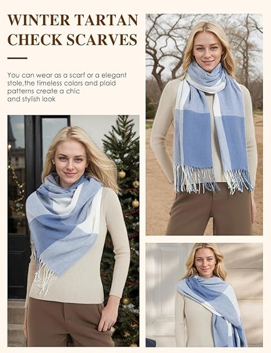 Dames geruit oversized kasjmier sjaal lange zachte wraps dames geruit oversized sjaal lange sjaal voor herfst en winter , wit blauw