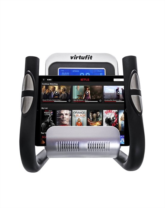 Crosstrainer met een tablet waarop Netflix wordt afgespeeld.