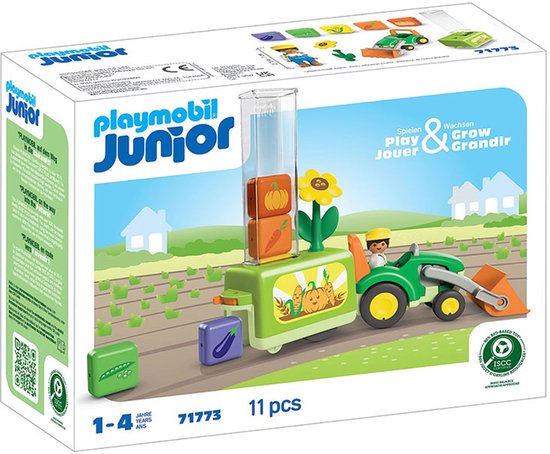 PLAYMOBIL | JUNIOR | Tractor met leuke plantenbak | Speelgoed vanaf 1 jaar | Cadeau voor peuters | Stimuleert het leren van groenten en kleuren | Duurzaam speelgoed met buitenfunctie & accessoires | 71773