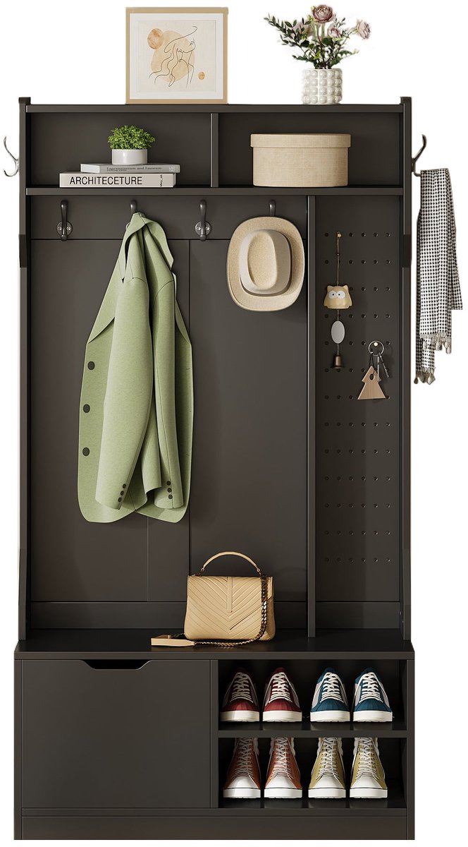 Merax Zwarte Garderobekast met Zitbank – Complete Halmeubelset met 6 Haken - 1 Kastdeur en 4 Open Vakken – Moderne Kapstokkast 100 x 185,5 x 40 cm