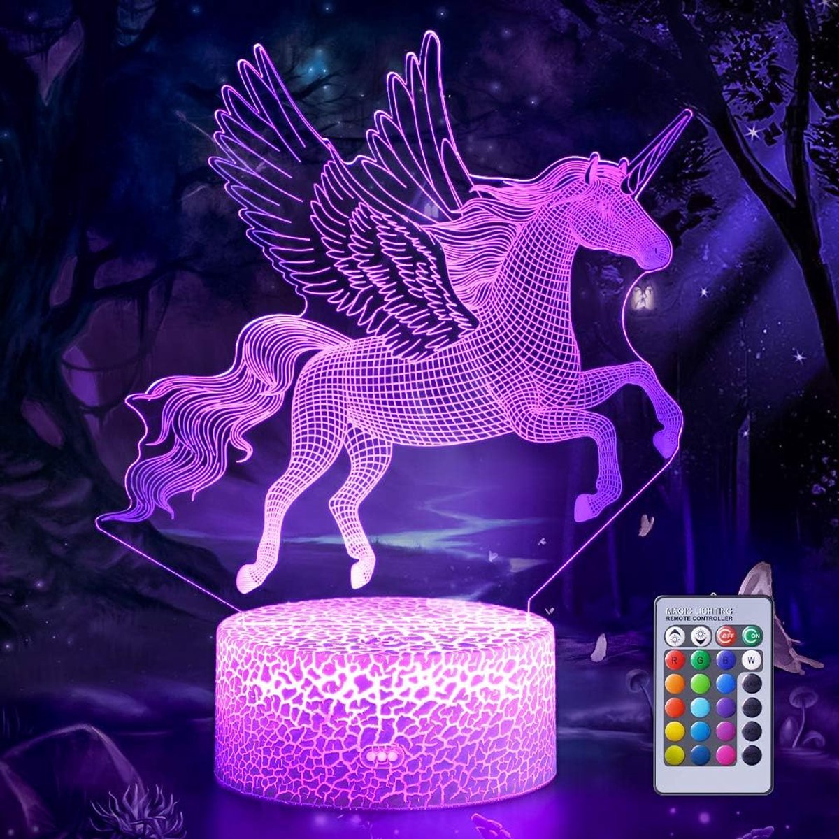 Daity 3D illusie lamp eenhoorn - 3D vliegende eenhoorn nachtlampje - afstandsbediening bureaulamp - visueel licht - 16 soorten veranderlijke kleuren - verjaardagscadeau nachtlampje - geschikt voor meisjes kinderen huisdecoratie