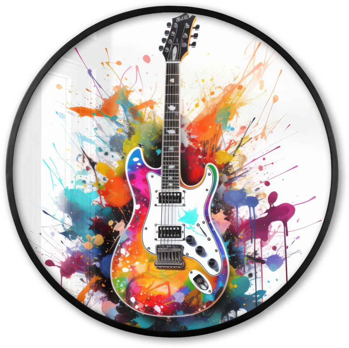 FrameYourWall Poster in lijst Rond - Fotolijst 80x80 cm - Posters - Gitaar - Graffiti - Muziek - Wit - Ronde posterlijst zwart - Decoratie - Wanddecoratie woonkamer - Muurdecoratie slaapkamer Multicolor