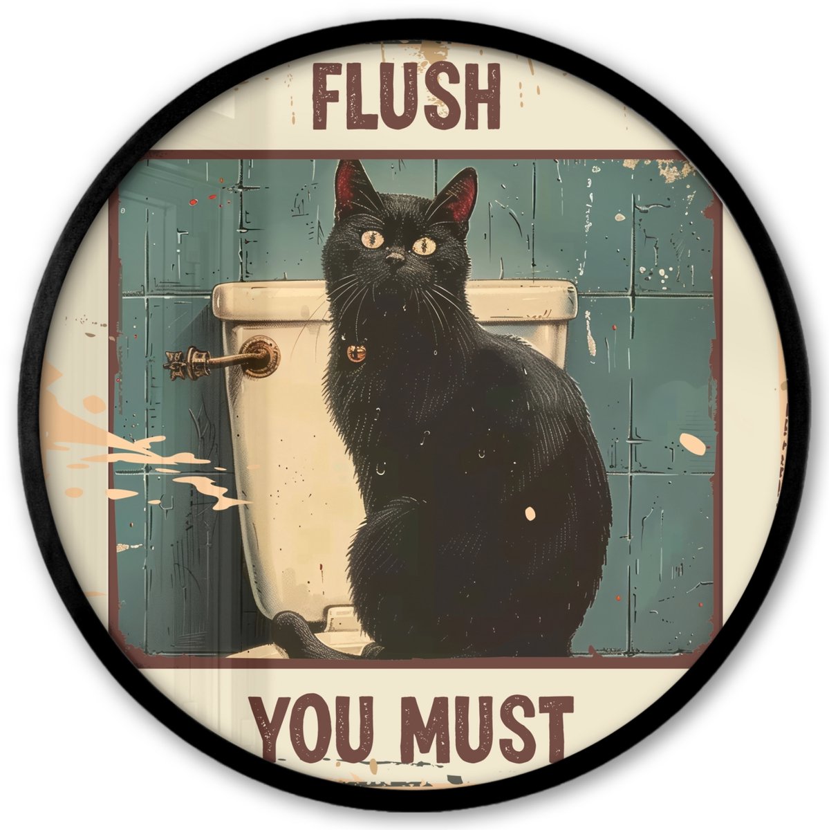 FrameYourWall Poster in lijst Rond - Fotolijst 40x40 cm - Posters - Kat - Vintage - Zwart - Quote - Flush you must - Ronde posterlijst zwart - Decoratie - Wanddecoratie woonkamer - Muurdecoratie slaapkamer Kat - WC - Quote