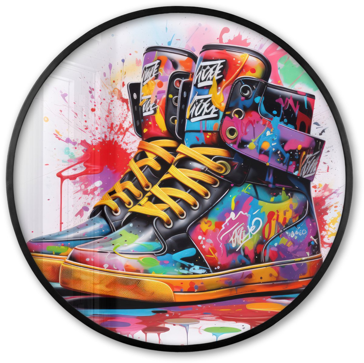 FrameYourWall Poster in lijst Rond - Fotolijst 80x80 cm - Posters - Schoenen - Graffiti - Wit - Kleuren - Ronde posterlijst zwart - Decoratie - Wanddecoratie woonkamer - Muurdecoratie slaapkamer Multicolor