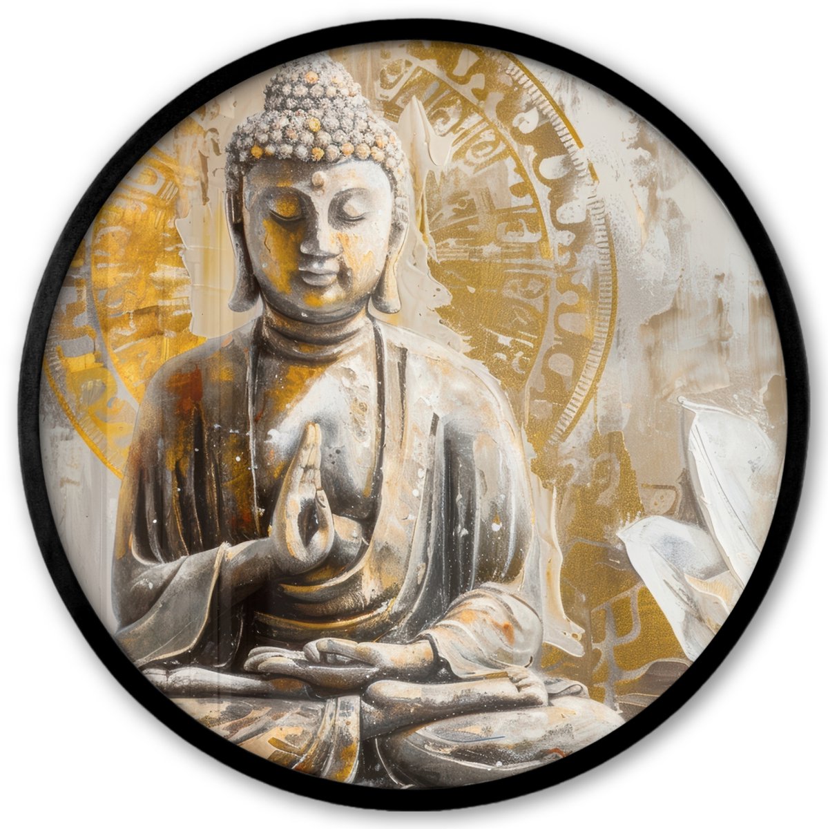 FrameYourWall Poster in lijst Rond - Fotolijst 40x40 cm - Posters - Boeddha - Bloem - Lotus - Wit - Goud - Zen - Ronde posterlijst zwart - Decoratie - Wanddecoratie woonkamer - Muurdecoratie slaapkamer Boeddha - Lotus