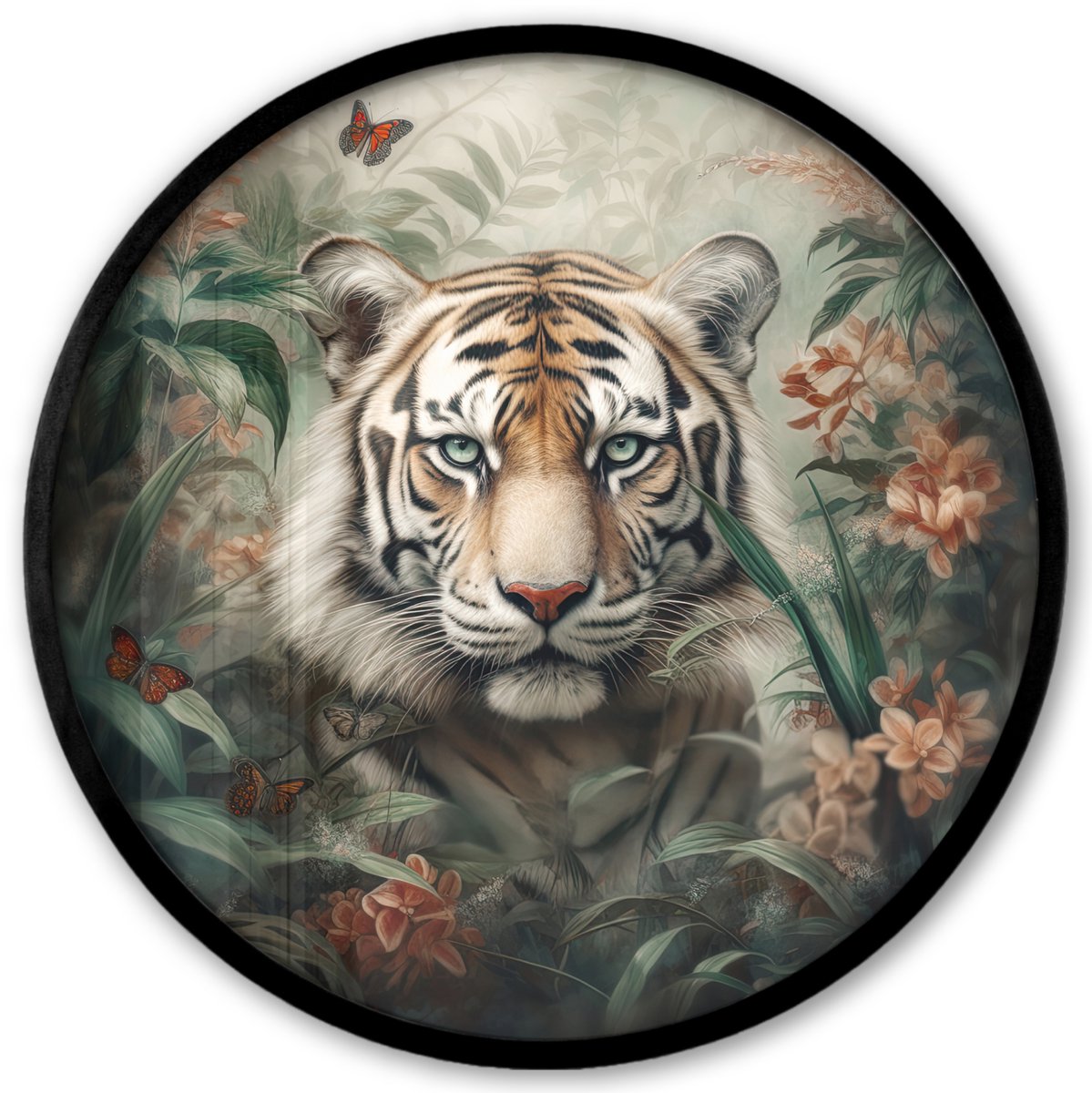 FrameYourWall Poster in lijst Rond - Fotolijst 40x40 cm - Posters - Tijger - Vlinders - Dieren - Jungle - Bloemen - Ronde posterlijst zwart - Decoratie - Wanddecoratie woonkamer - Muurdecoratie slaapkamer Tijger - Bloemen - Natuur