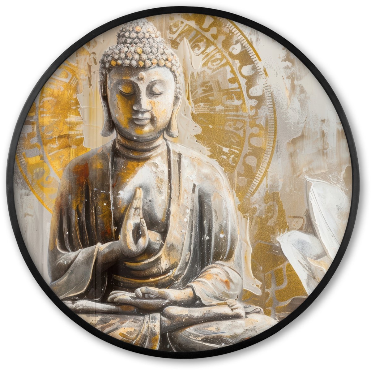 FrameYourWall Poster in lijst Rond - Fotolijst 60x60 cm - Posters - Boeddha - Bloem - Lotus - Wit - Goud - Zen - Ronde posterlijst zwart - Decoratie - Wanddecoratie woonkamer - Muurdecoratie slaapkamer Boeddha - Lotus