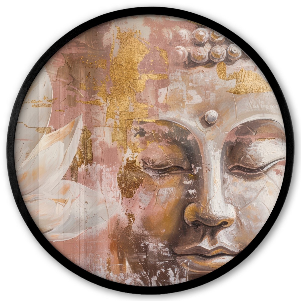 FrameYourWall Poster in lijst Rond - Fotolijst 40x40 cm - Posters - Buddha - Bloem - Goud - Roze - Abstract - Ronde posterlijst zwart - Decoratie - Wanddecoratie woonkamer - Muurdecoratie slaapkamer
