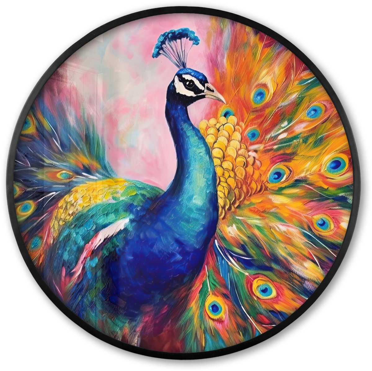 FrameYourWall Poster in lijst Rond - Fotolijst 60x60 cm - Posters - Pauw - Dieren - Schilderij - Regenboog - Ronde posterlijst zwart - Decoratie - Wanddecoratie woonkamer - Muurdecoratie slaapkamer Oil Painting - Pauw