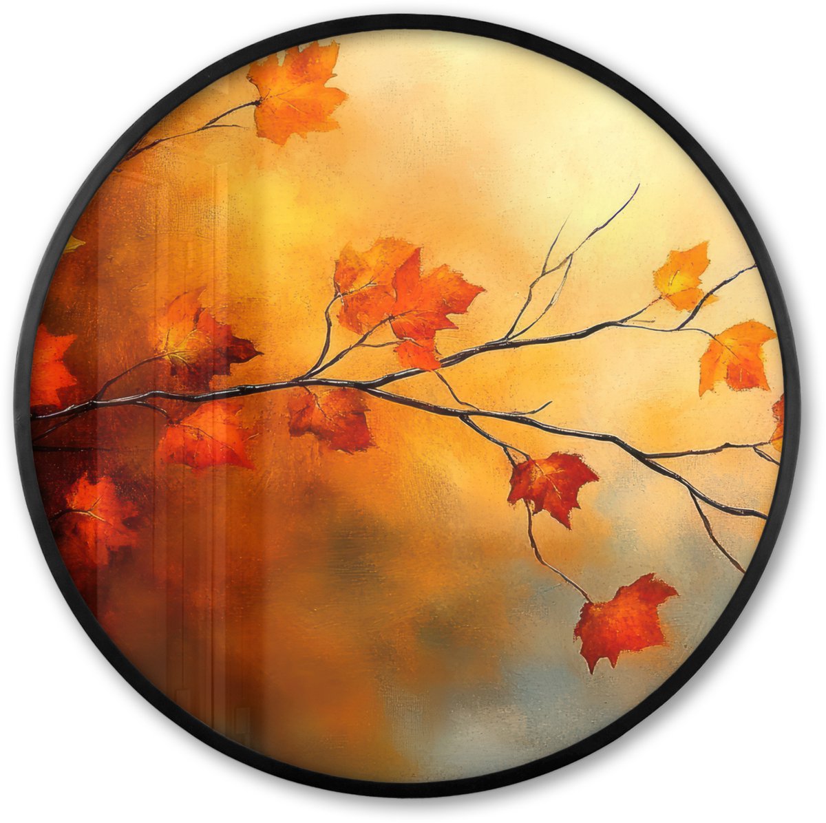 FrameYourWall Poster in lijst Rond - Fotolijst 60x60 cm - Posters - Herfstbladeren - Oranje - Abstract - Herfsttakken - Natuur - Ronde posterlijst zwart - Decoratie - Wanddecoratie woonkamer - Muurdecoratie slaapkamer