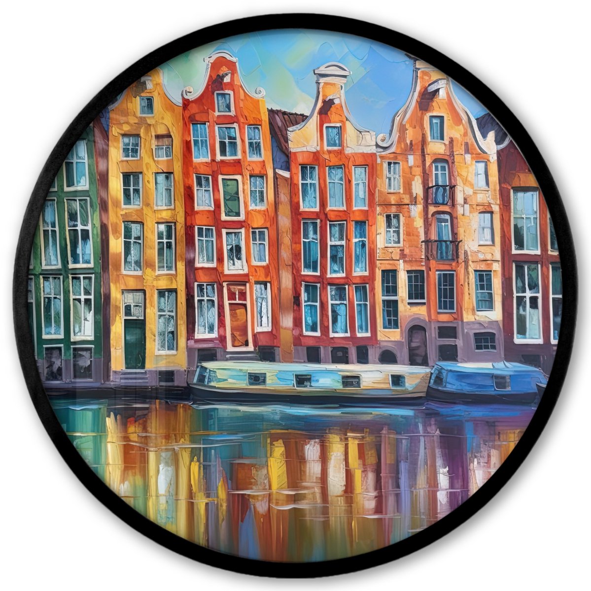 FrameYourWall Poster in lijst Rond - Fotolijst 40x40 cm - Posters - Amsterdam - Olieverf - Gracht - Schilderij - Kunst - Ronde posterlijst zwart - Decoratie - Wanddecoratie woonkamer - Muurdecoratie slaapkamer Verf - Amsterdam
