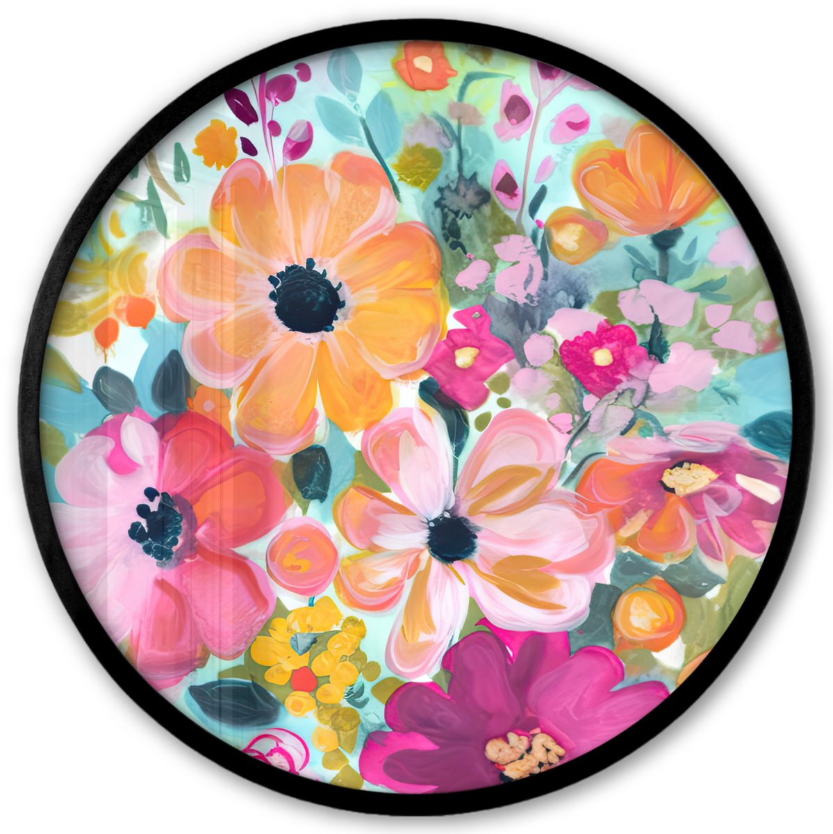 FrameYourWall Poster in lijst Rond - Fotolijst 40x40 cm - Posters - Bloemen - Schilderij - Natuur - Botanisch - Ronde posterlijst zwart - Decoratie - Wanddecoratie woonkamer - Muurdecoratie slaapkamer Bloemen - Kleuren