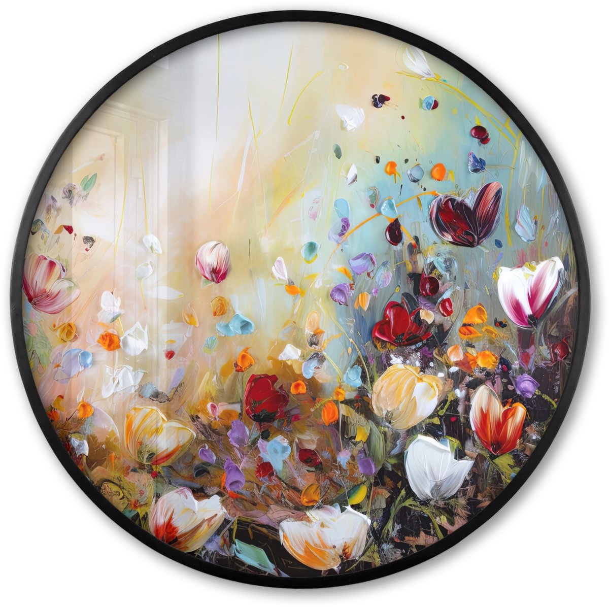 FrameYourWall Poster in lijst Rond - Fotolijst 60x60 cm - Posters - Olieverf - Bloemen - Kleurrijk - Natuur - Ronde posterlijst zwart - Decoratie - Wanddecoratie woonkamer - Muurdecoratie slaapkamer Bloemen - Verf